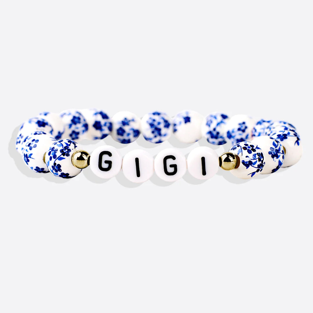 Custom Name Blue Porcelain Floral Beaded Bracelet