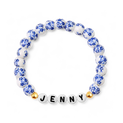 Custom Name Blue Porcelain Floral Beaded Bracelet
